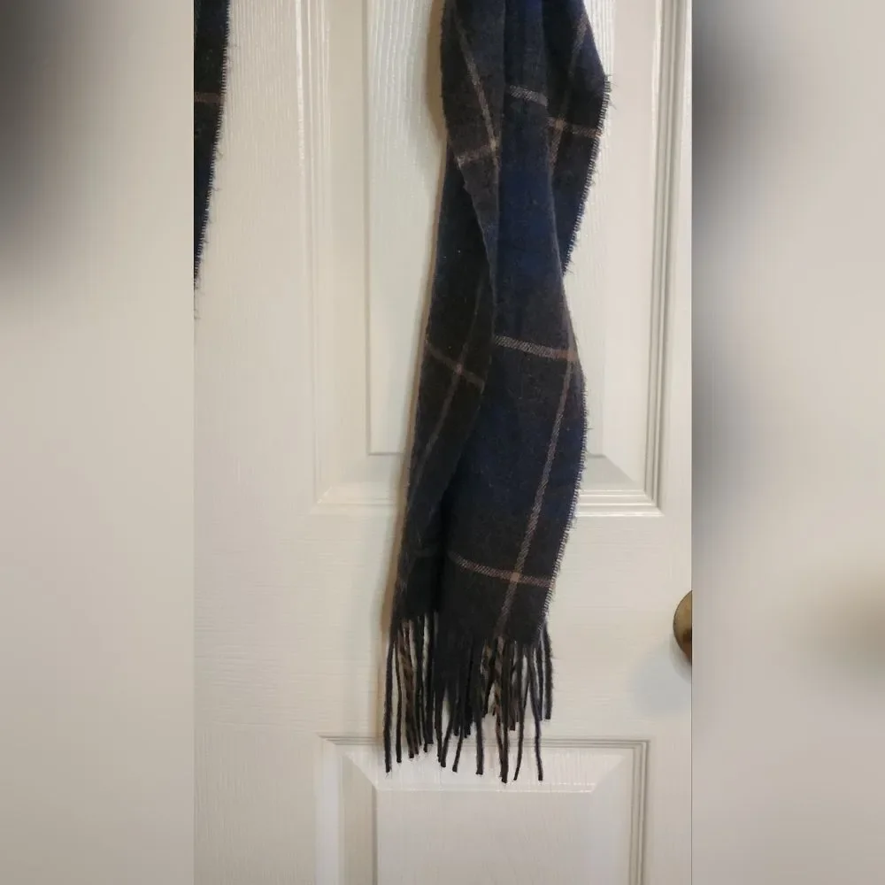 Geoffrey Beene Cashme Brown Navy Plaid Fringe Acrylic Scarf Shawl Italy 66x12.5”
